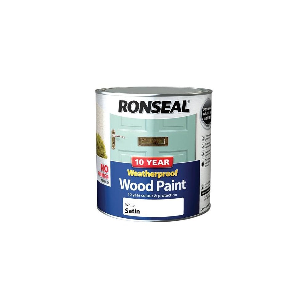 Ronseal 10 Year Weatherproof 2-in-1 Wood Paint White Satin 2.5 Litre