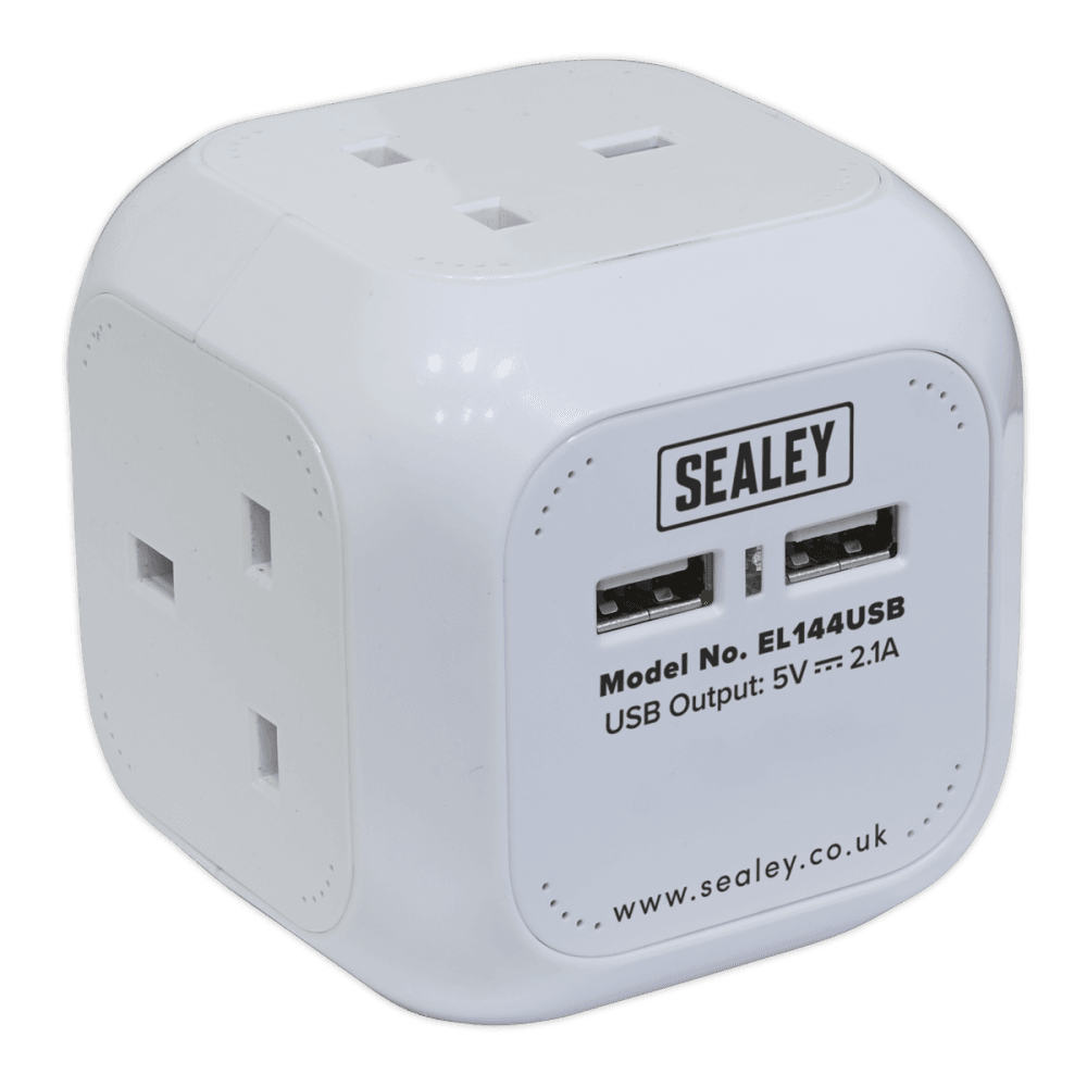 Sealey Extension Cable Cube 1.4mtr 4 x 230V + 2 x USB Sockets - White Model No-EL144USB