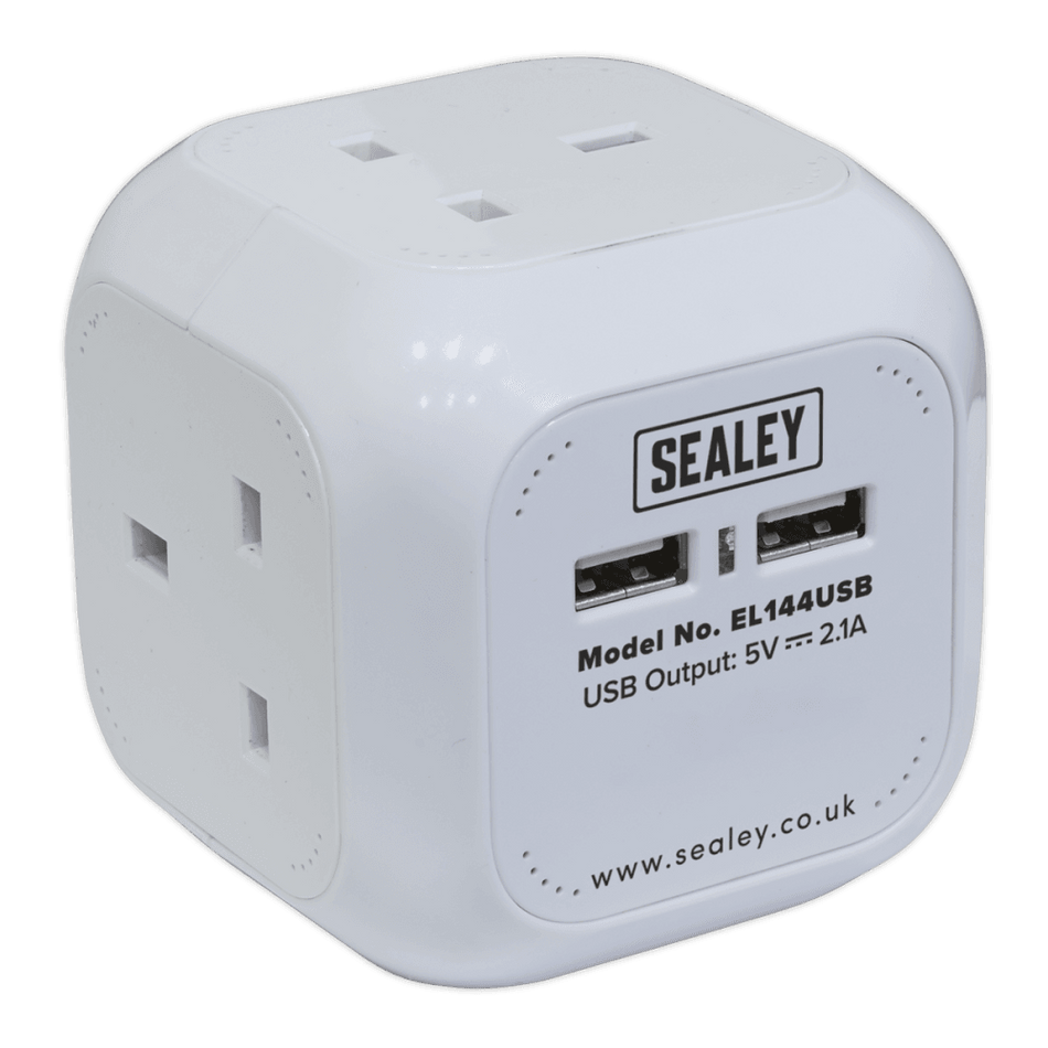 Sealey Extension Cable Cube 1.4mtr 4 x 230V + 2 x USB Sockets - White Model No-EL144USB