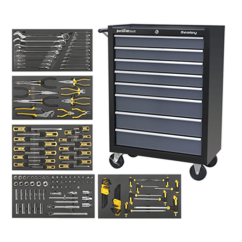 Sealey 8 Drawer Rollcab Ball Bearing Slides - Black/Grey with 136pc Tool Kit Model No-AP35TBCOMBO3