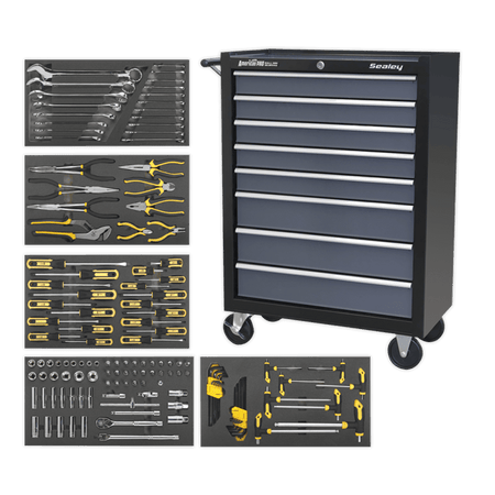 Sealey 8 Drawer Rollcab Ball Bearing Slides - Black/Grey with 136pc Tool Kit Model No-AP35TBCOMBO3