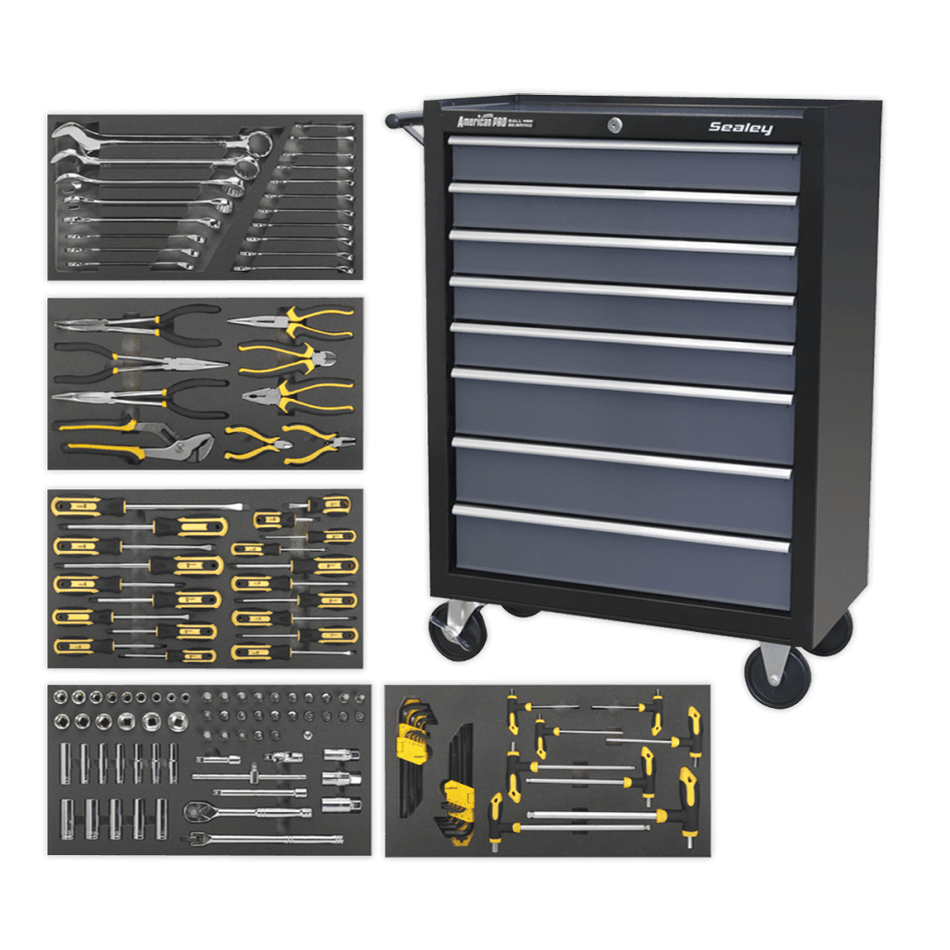 Sealey 8 Drawer Rollcab Ball Bearing Slides - Black/Grey with 136pc Tool Kit Model No-AP35TBCOMBO3