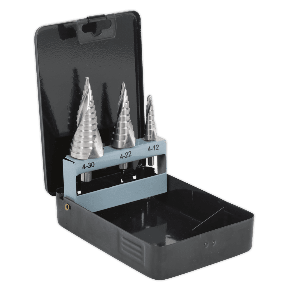 Sealey HSS 4341 Step Drill Bit Set 3pc Spiral Flute Model No-AK4749