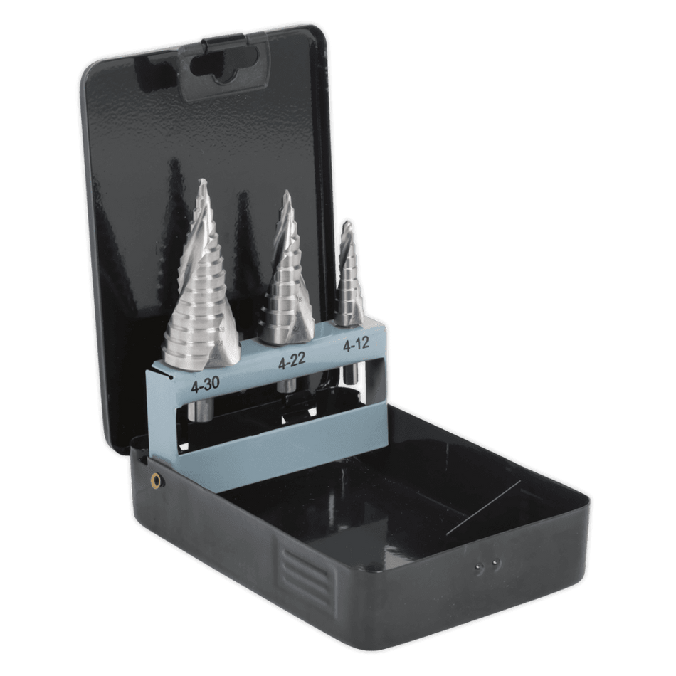 Sealey HSS 4341 Step Drill Bit Set 3pc Spiral Flute Model No-AK4749