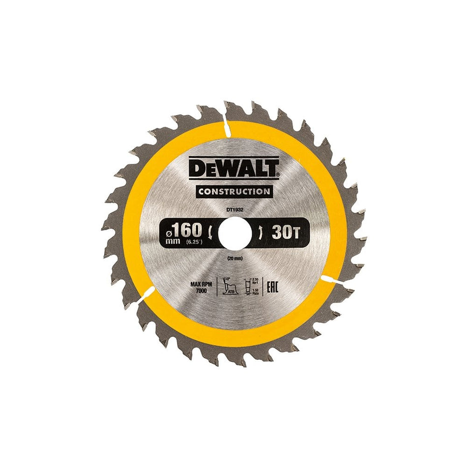 DEWALT Construction Circular Saw Blade 160 x 20mm x 30T
