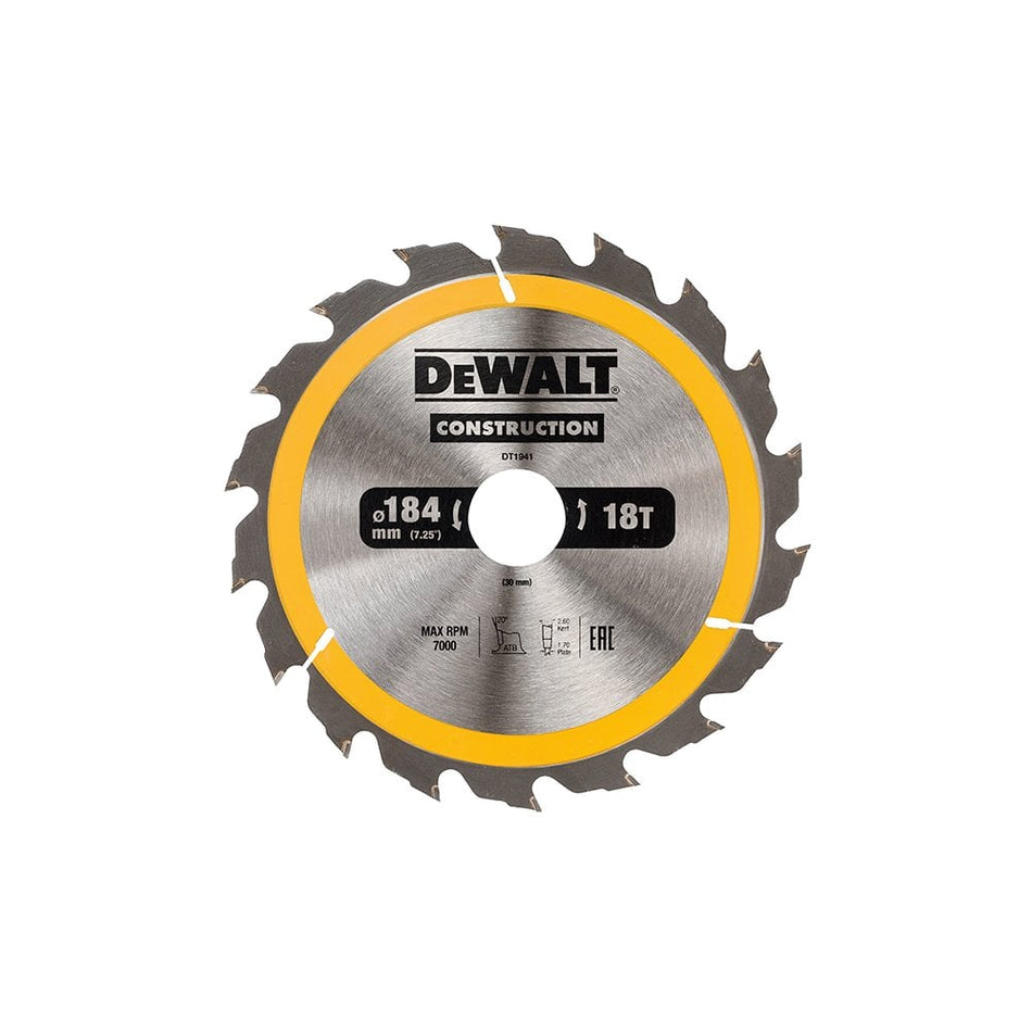 DEWALT Construction Circular Saw Blade 184 x 30mm x 18T