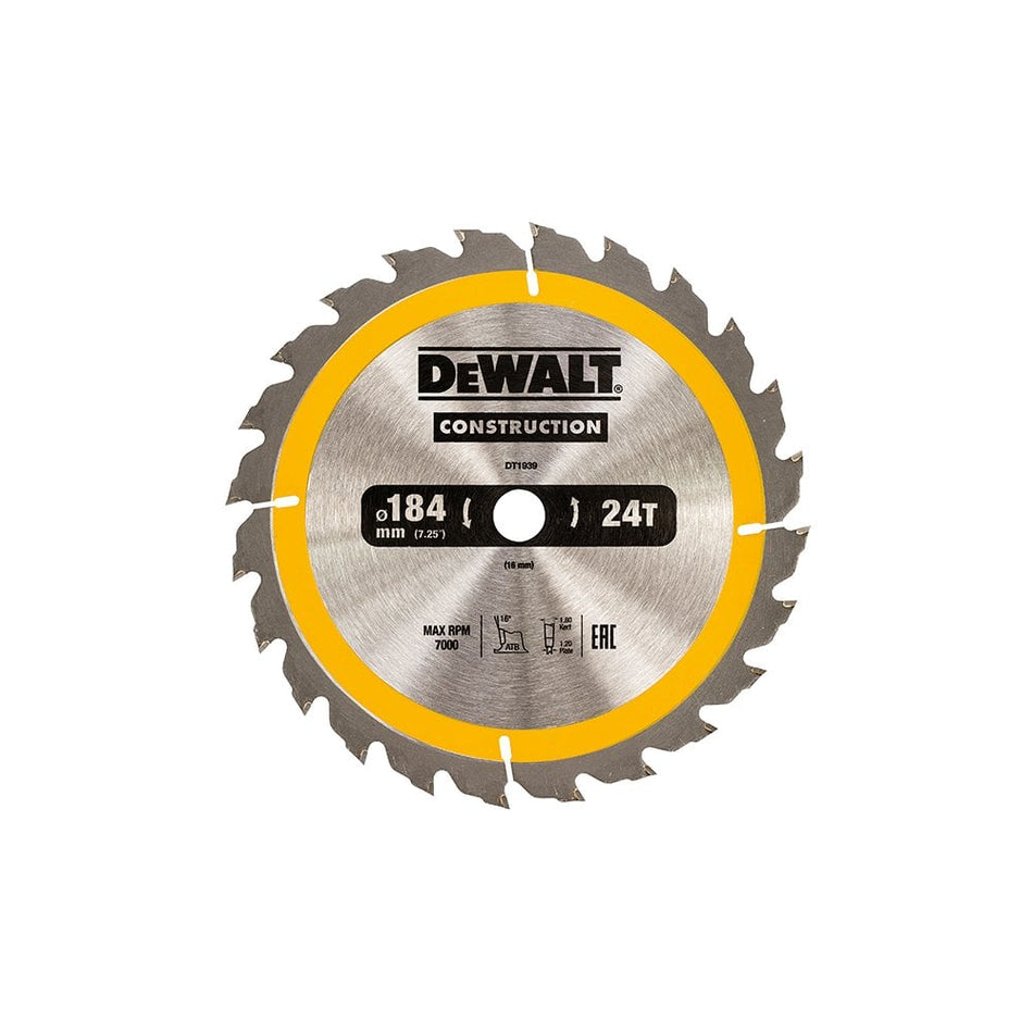DEWALT Construction Circular Saw Blade 184 x 16mm x 24T