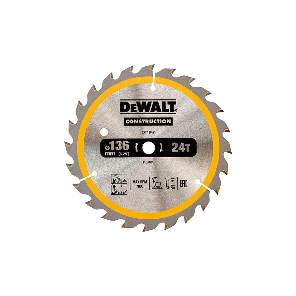 DEWALT Cordless Construction Circular Saw Blade 136 x 10mm x 24T