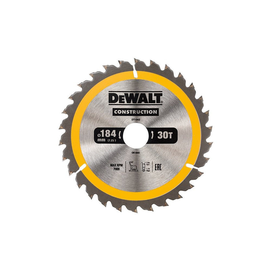DEWALT Construction Circular Saw Blade 184 x 30mm x 30T