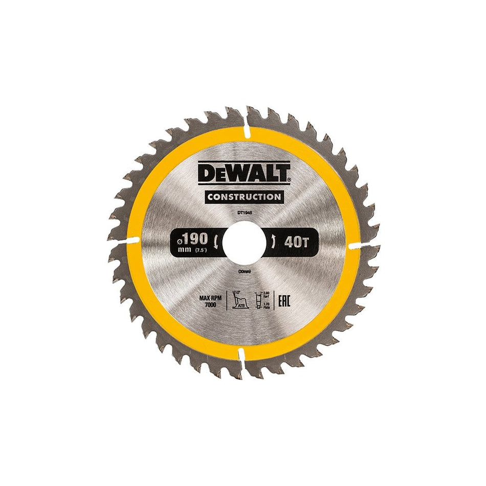 DEWALT Construction Circular Saw Blade 190 x 30mm x 40T