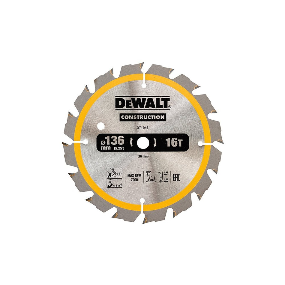 DEWALT Cordless Construction Circular Saw Blade 136 x 10mm x 16T
