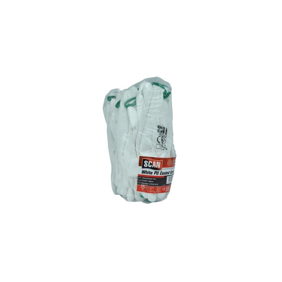 Scan White PU Coated Gloves - Medium (Size 8) (Pack 12)