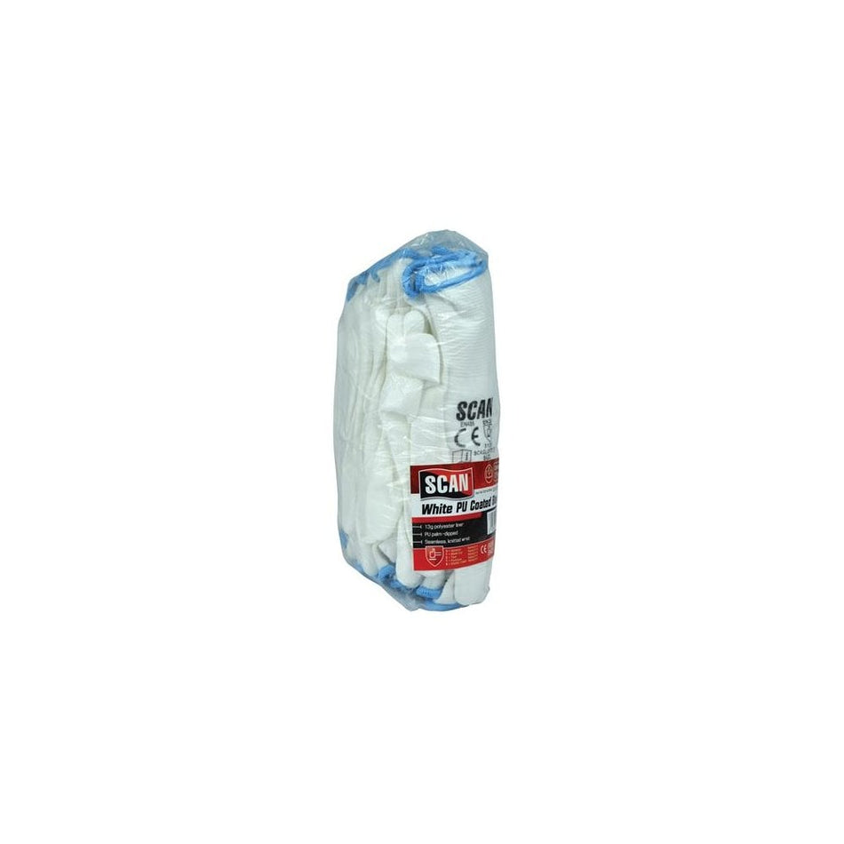 Scan White PU Coated Gloves - Large (Size 9) (Pack 12)