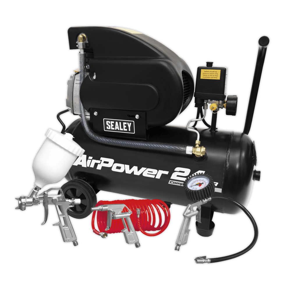 Sealey Compressor 24ltr Direct Drive 2hp with 4pc Air Accessory Kit Model No.-SAC2420APK