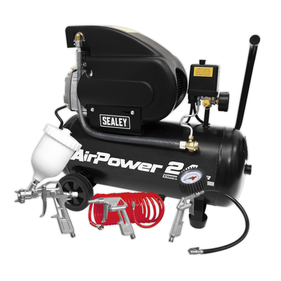 Sealey Compressor 24ltr Direct Drive 2hp with 4pc Air Accessory Kit Model No.-SAC2420APK