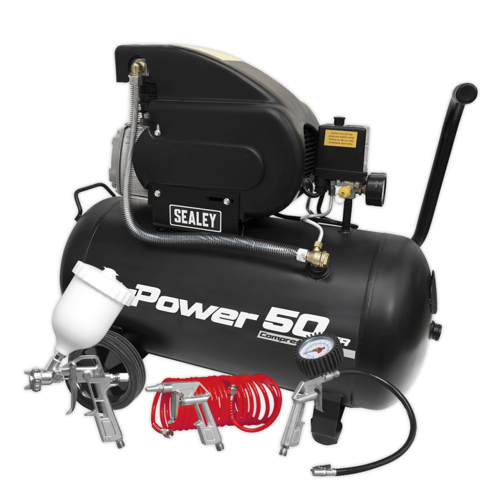 Sealey Compressor 50ltr Direct Drive 2hp with 4pc Air Accessory Kit Model No.-SAC5020APK
