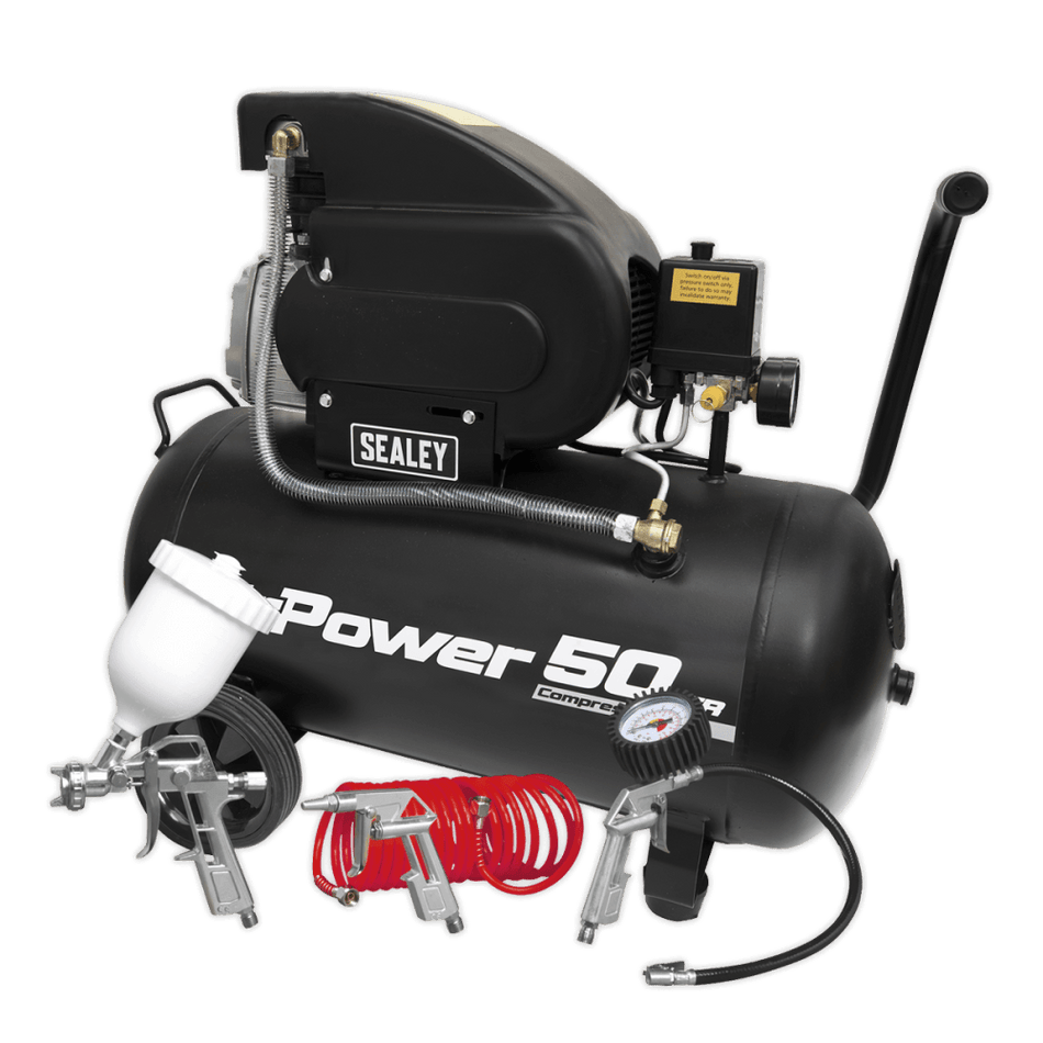 Sealey Compressor 50ltr Direct Drive 2hp with 4pc Air Accessory Kit Model No.-SAC5020APK
