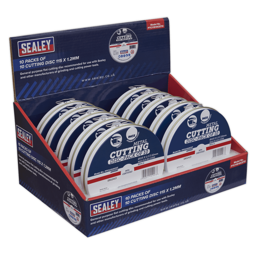 Sealey Cutting Disc 115 x 1.2mm Counter Top Display Box 10 Packs of 10 Model No.-PTC11510CETD