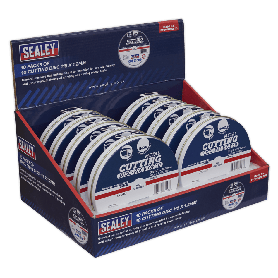 Sealey Cutting Disc 115 x 1.2mm Counter Top Display Box 10 Packs of 10 Model No.-PTC11510CETD
