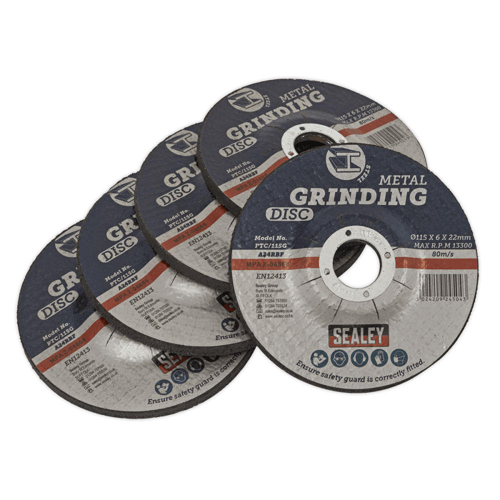 Sealey 115 x 6mm Grinding Disc 22mm Bore - Pack of 5 Model No.-PTC/115G5