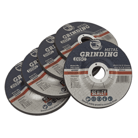 Sealey 115 x 6mm Grinding Disc 22mm Bore - Pack of 5 Model No.-PTC/115G5