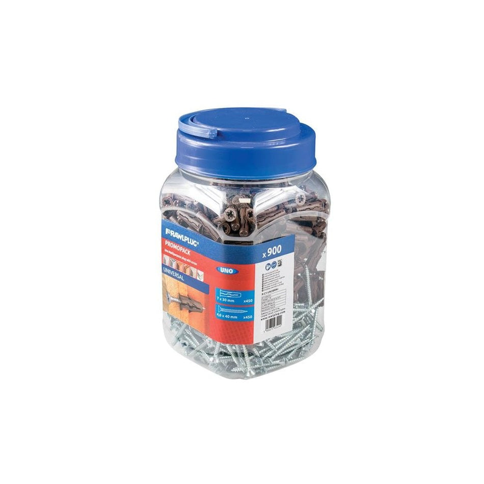 Rawlplug Brown UNOÂ¸ Plugs & Screws in Jar (450 Plugs + 450 Screws) -No. R-C1-UNOBRN+