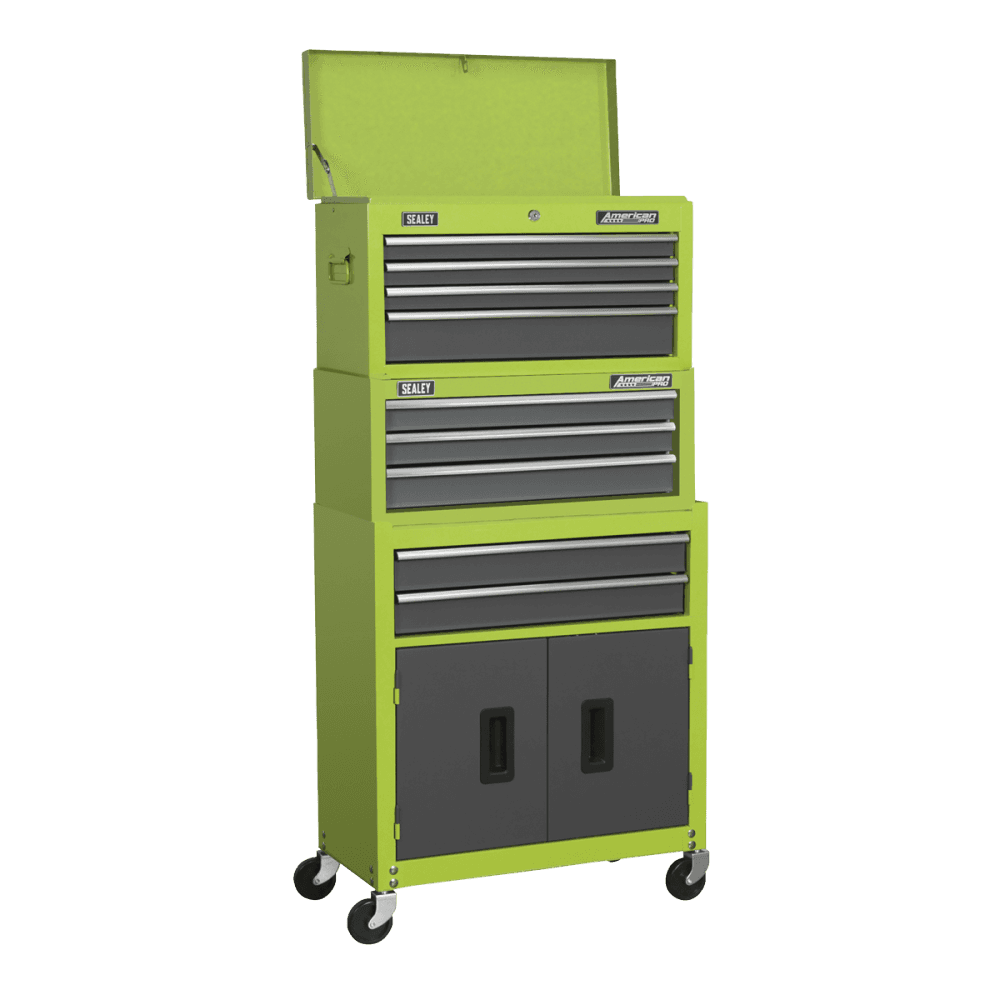 Sealey Topchest, Mid-Box & Rollcab 9 Drawer Stack - Hi-Vis Green Model No-AP2200BBHVSTACK