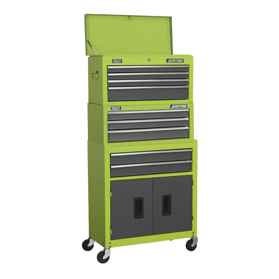 Sealey Topchest, Mid-Box & Rollcab 9 Drawer Stack - Hi-Vis Green Model No-AP2200BBHVSTACK