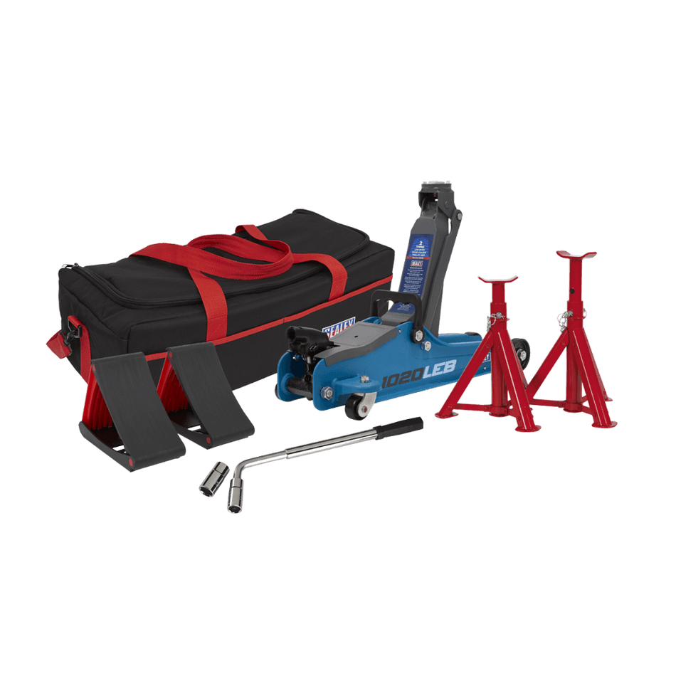 Trolley Jack 2tonne Low Entry Short Chassis - Blue and Accessories Bag Combo Model No-1020LEBBAGCOMBO