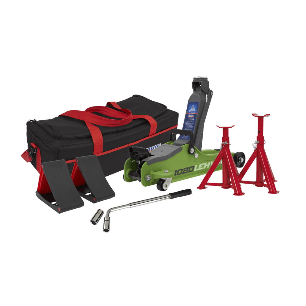 Trolley Jack 2tonne Low Entry Short Chassis - Hi-Vis Green and Accessories Bag Combo Model No-1020LEHVBAGCOMBO