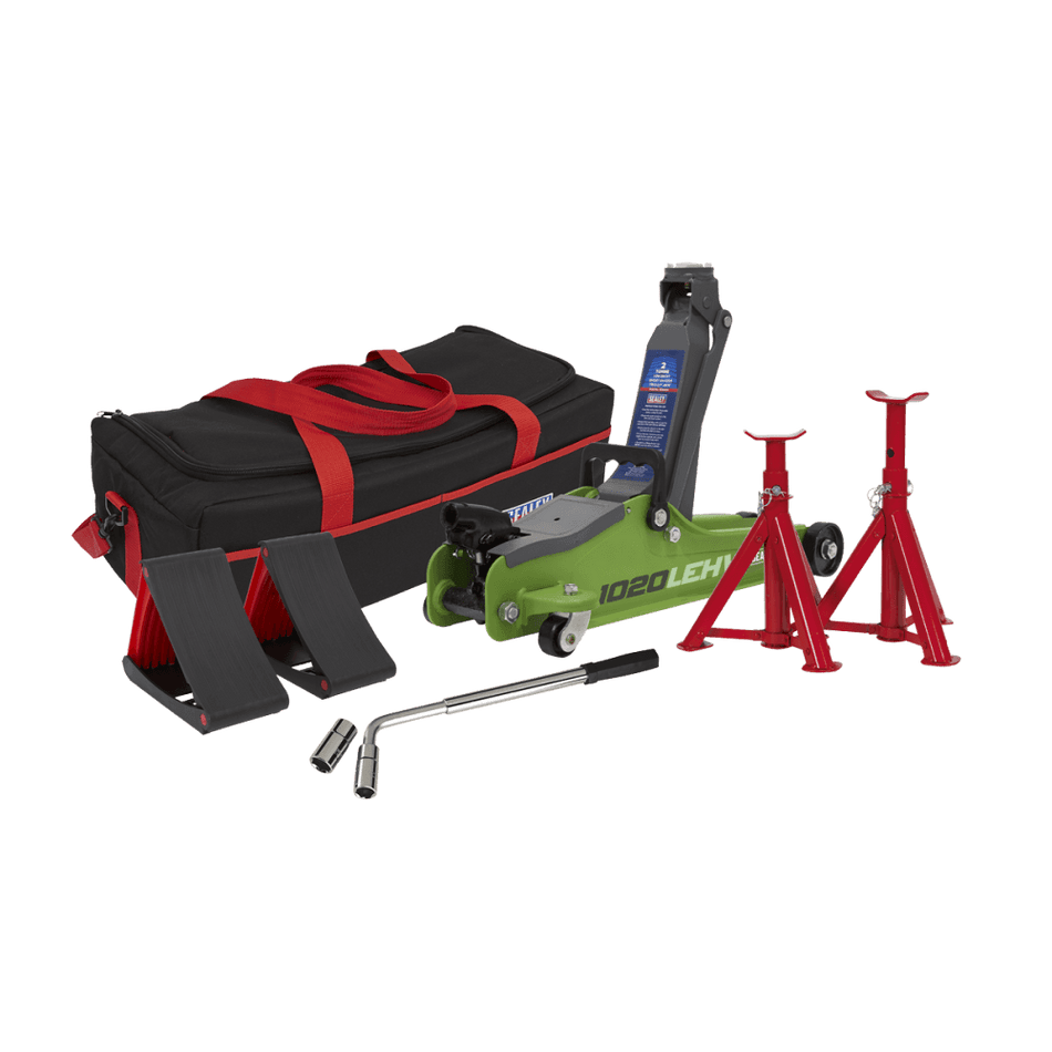 Trolley Jack 2tonne Low Entry Short Chassis - Hi-Vis Green and Accessories Bag Combo Model No-1020LEHVBAGCOMBO