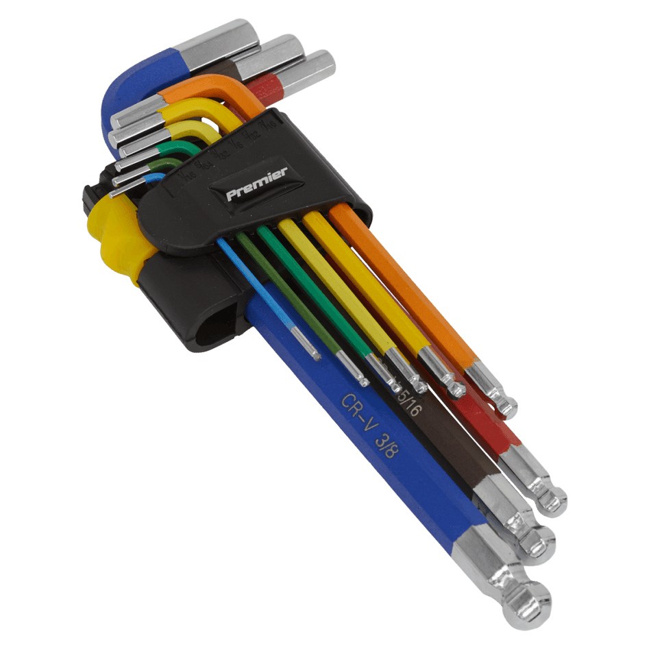 Sealey Ball-End Hex Key Set 9pc Long Colour-Coded Imperial Model No AK7197