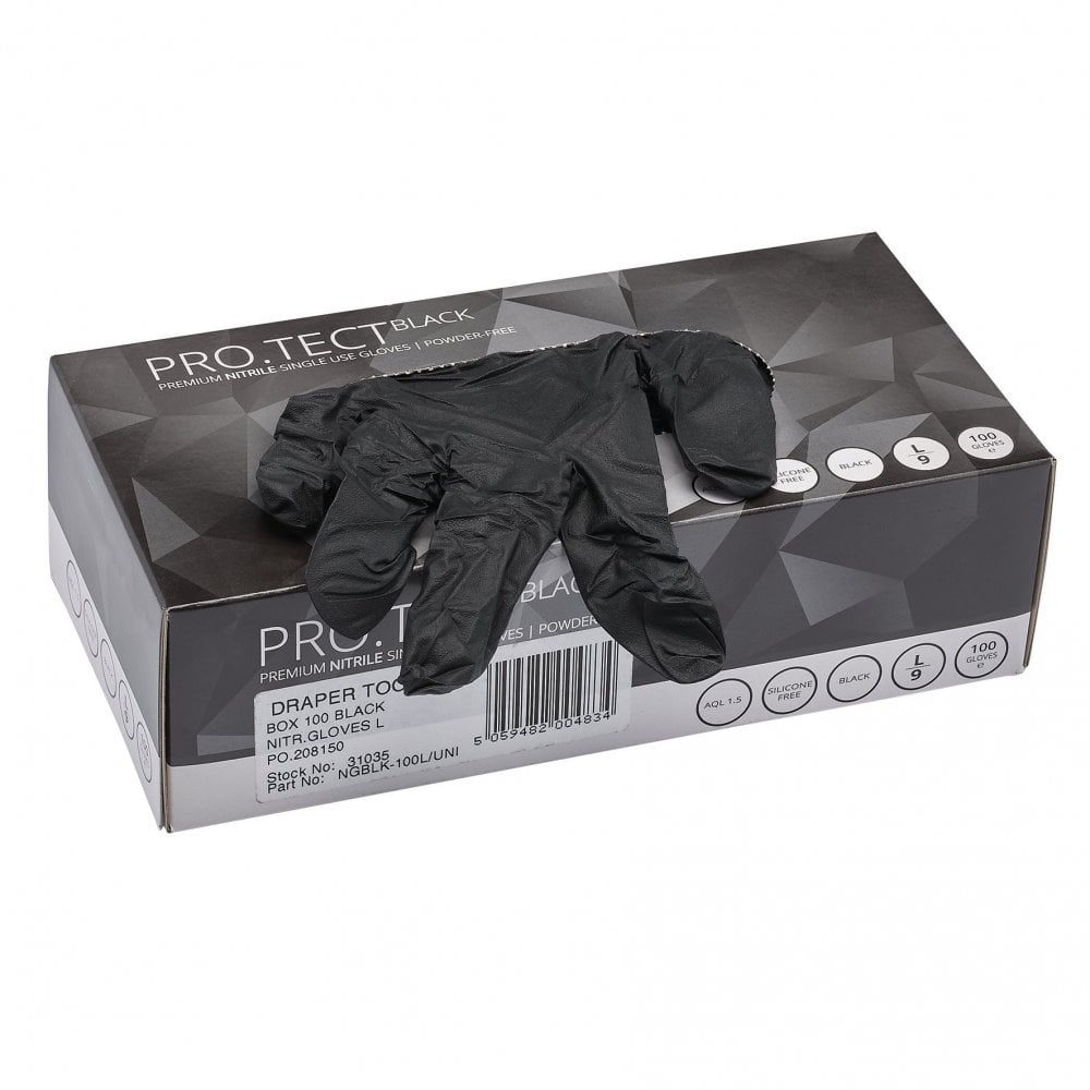 Draper Nitrile Gloves, Large, Black (Pack of 100) Model No. NGBLK-100L/UNI