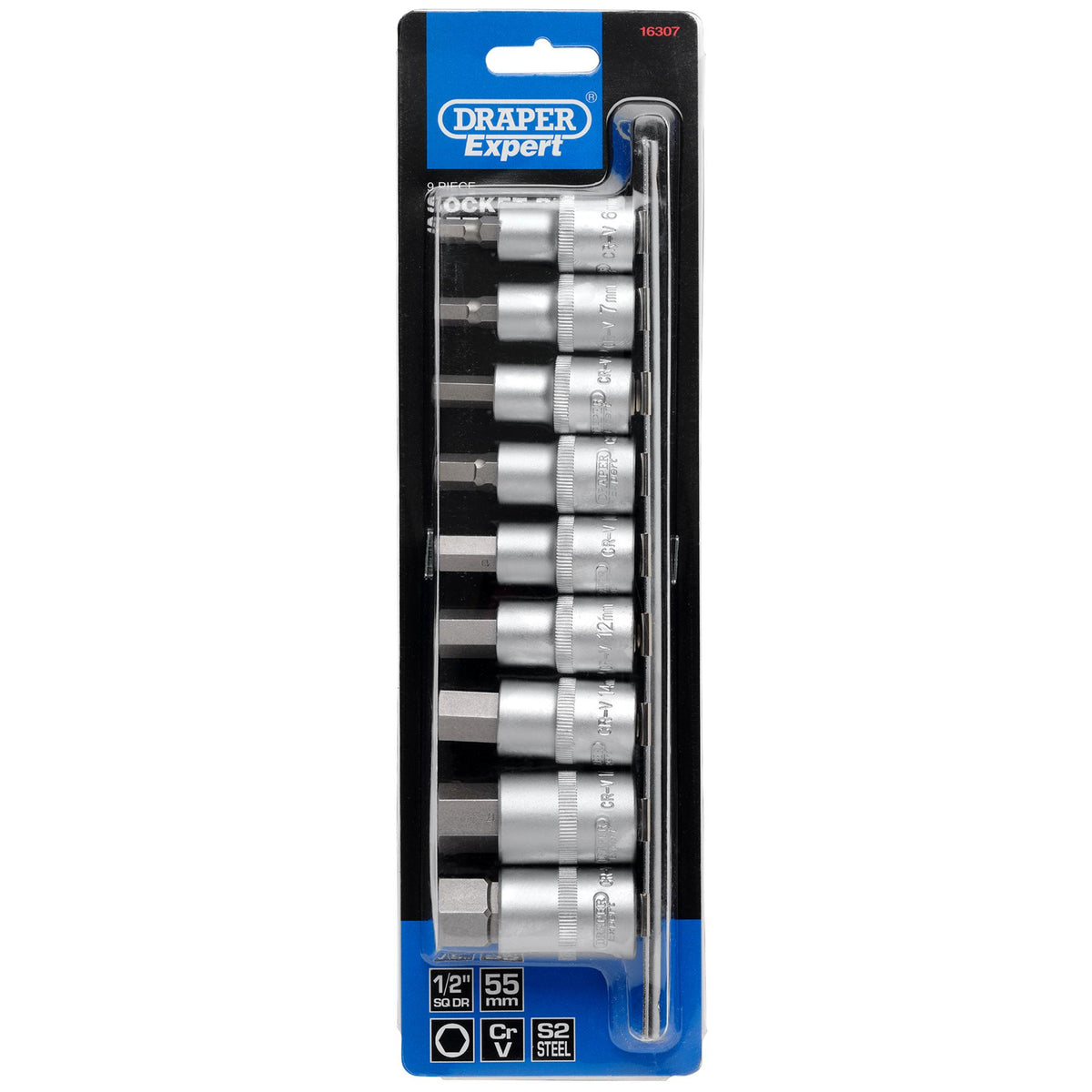 DRAPER 1/2" Sq. Dr. 55mm Long Metric Hexagonal Socket Bit Set (9 Piece) : Model No. H-HEX/9/55
