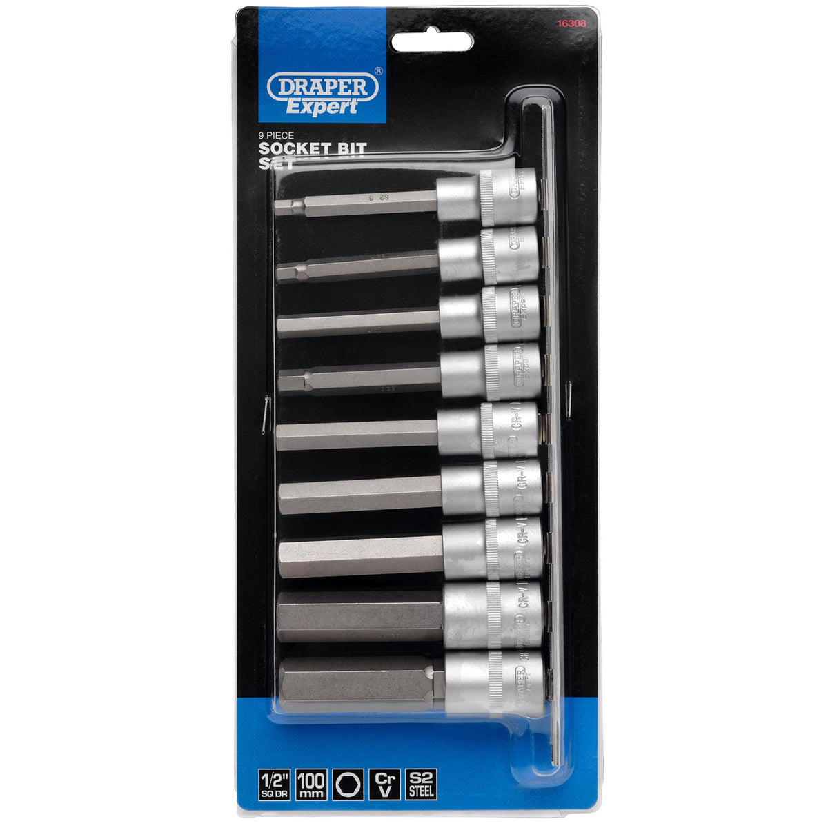 DRAPER 1/2" Sq. Dr. 100mm Long Metric Hexagonal Socket Bit Set (9 Piece) : Model No. H-HEX/9/100