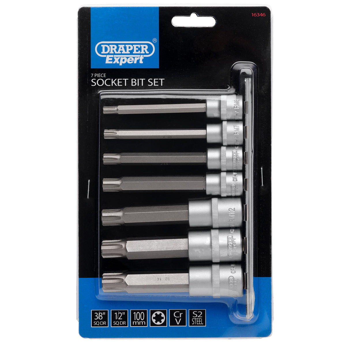 DRAPER 3/8", 1/2" Sq. Dr. Ribe . Socket Bit Set (7 piece) : Model No. RIBE/7/SET/B