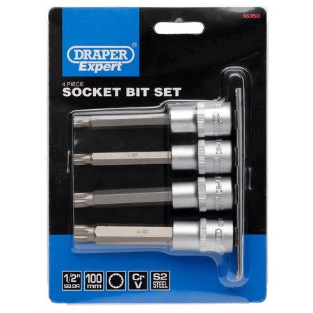 DRAPER 1/2" Sq. Dr. Spline Socket Bit Set (4 piece) : Model No. H-SPLINE/4/100