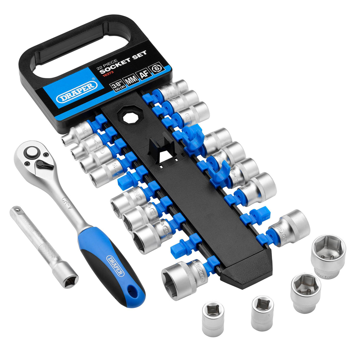 DRAPER 3/8" Sq. Dr. Combined MM/AF Socket and Ratchet Set (22 piece) : Model No. DD22AM/PR