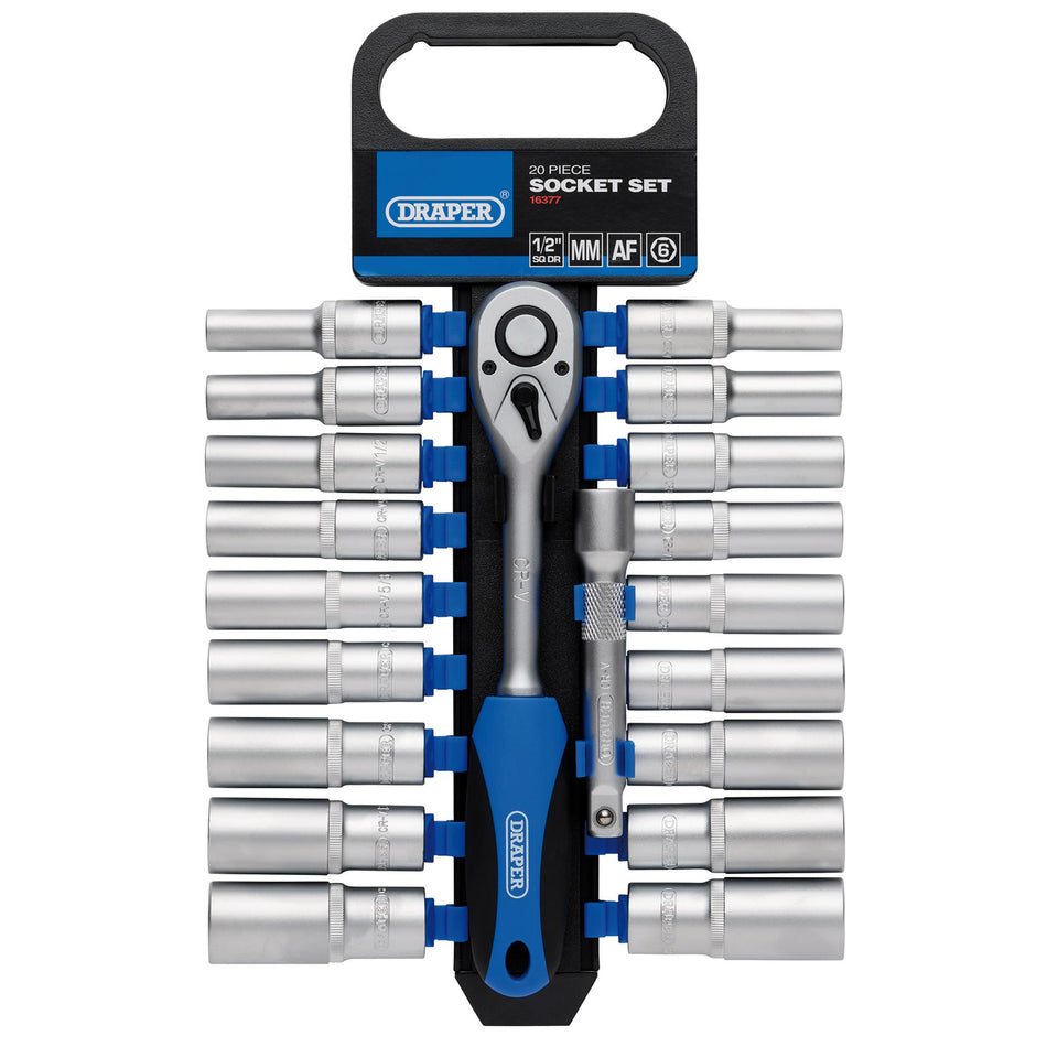 DRAPER 1/2" Sq. Dr. Combined MM/AF Deep Socket and Ratchet Set (20 Piece) : Model No. HD20AMD/PR