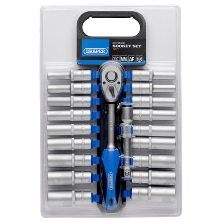 DRAPER 1/2" Sq. Dr. Combined MM/AF Deep Socket and Ratchet Set (20 Piece) : Model No. HD20AMD/PR