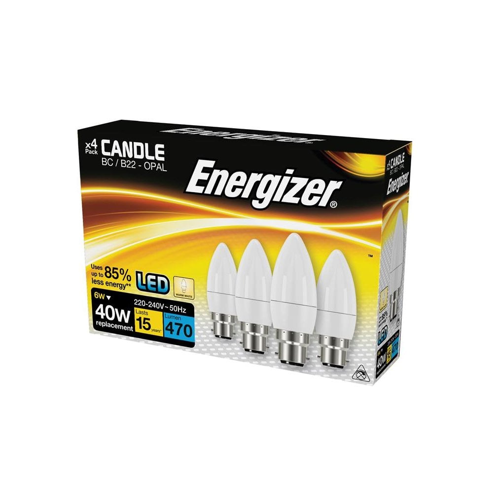 EnergizerÂ© LED BC (B22) Opal Candle Non-Dimmable Bulb, Warm White 470 lm 5.2W (Pack 4)