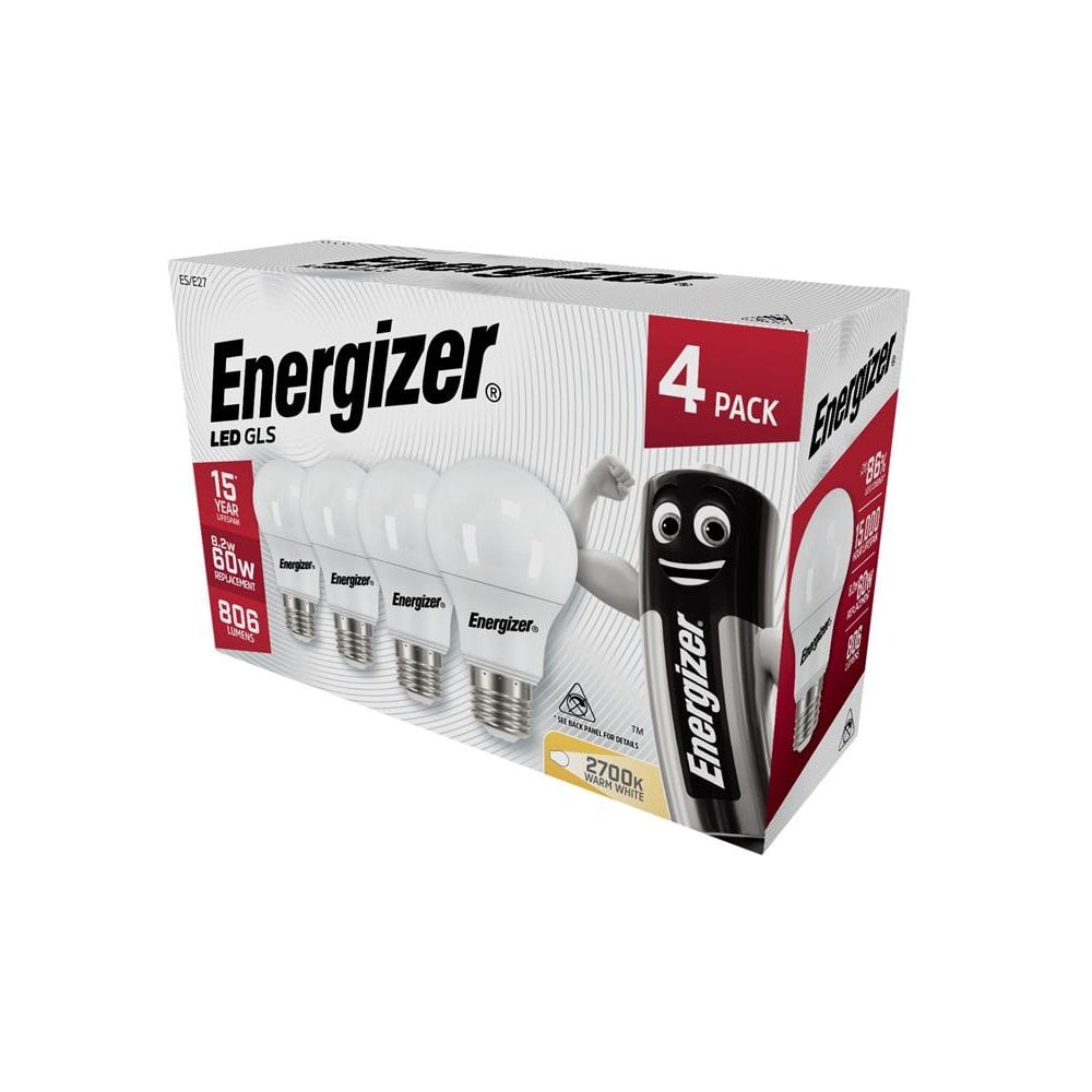 EnergizerÂ© LED ES (E27) Opal GLS Non-Dimmable Bulb, Warm White 806 lm 8.2W (Pack 4)