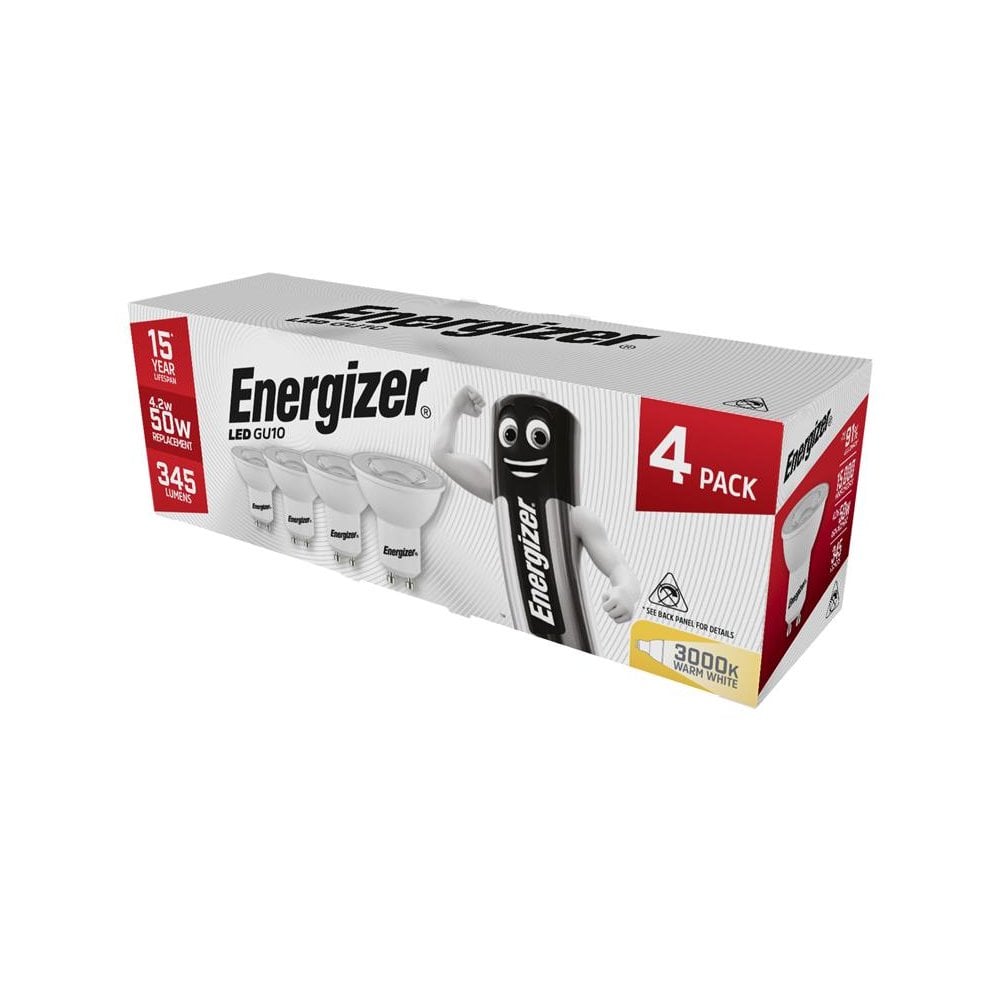 EnergizerÂ© LED GU10 50Ã¸ Non-Dimmable Bulb, Warm White 345 lm 4.2W (Pack 4)