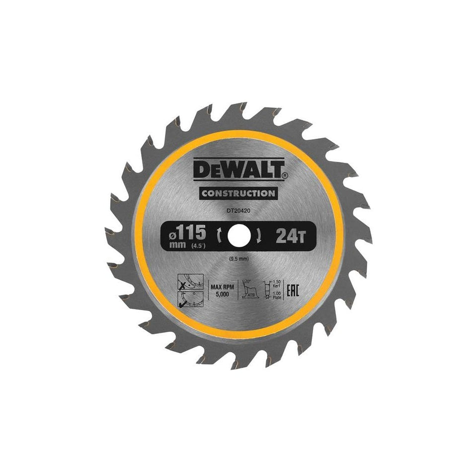 DEWALT DT20420 TCT Construction Circular Saw Blade 115 x 9.5mm x 24T