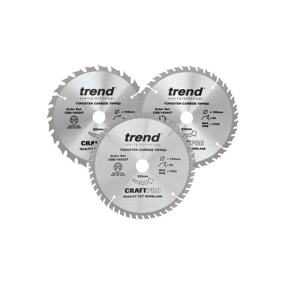 Trend CraftPro Cordless Saw Blade 165 x 20mm x 24T/40T/52T (Pack 3)