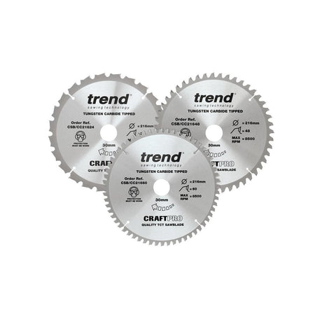 Trend CraftPro Mitre Saw Blade 216 x 30mm x 24T/48T/60T (Pack 3)