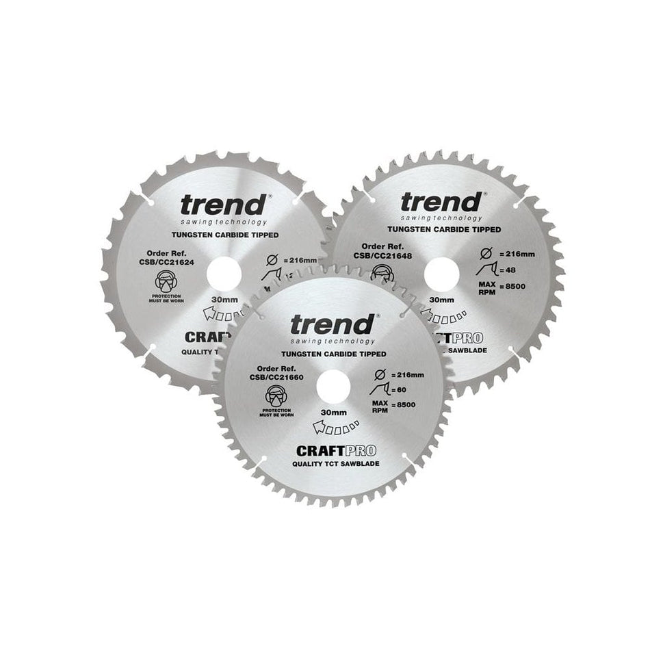 Trend CraftPro Mitre Saw Blade 216 x 30mm x 24T/48T/60T (Pack 3)