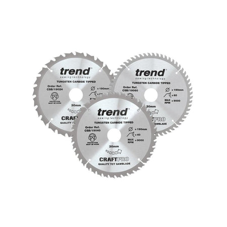 Trend CraftPro Saw Blade 190 x 30mm x 24T/40T/60T (Pack 3)