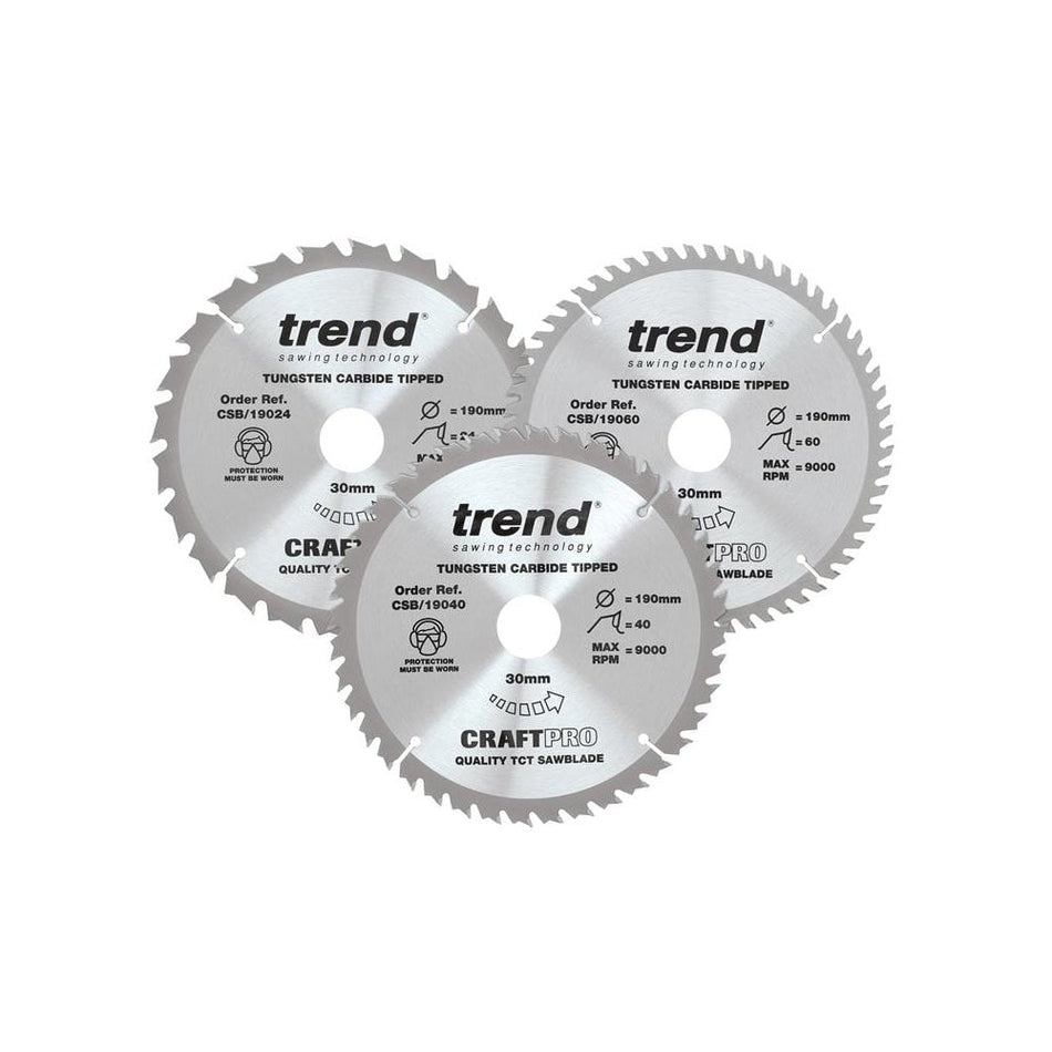 Trend CraftPro Saw Blade 190 x 30mm x 24T/40T/60T (Pack 3)