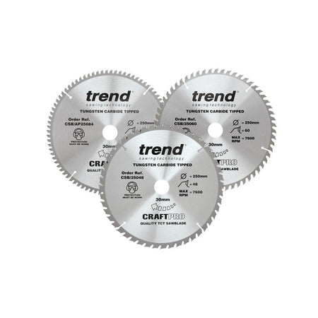 Trend CraftPro Table Saw Blade 250 x 30mm x 48T/60T/84T (Pack 3)